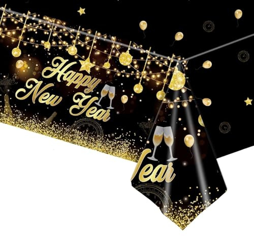 Tischdecke Silvester Deko 2027,137x274cm Silvesterdeko Silvester Tischdecke | Happy New Year Tischdecke Wasserdicht Schwarz Gold Plastik Tischdecken für Tischdeko Neujahr Party Tisch Dekoration,1 Stück