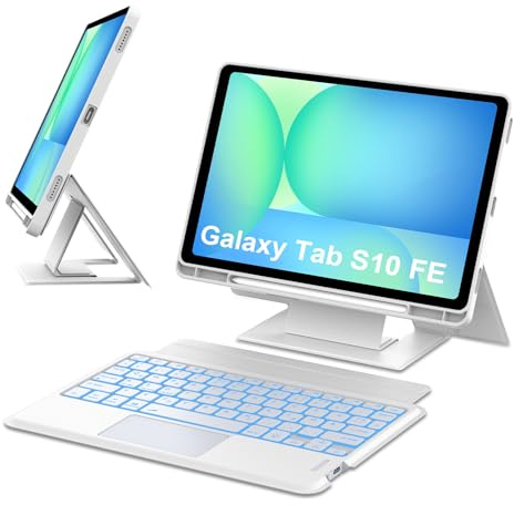 Occtingkind Ergonomisch Hülle Nuo S10 FE Hülle mit TP & Beleuchtung QWERTZ | Mit 7-Farben Beleuchtung & Touchpad - Höhenverstellbarer Ständer für Arbeiten, Für Samsung Galaxy Tab S10 FE Hülle Weiß