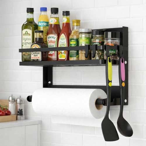 Zenquira Gewürzregal Wand Ohne Bohren, Küchenregal Hängend mit Küchenrollenhalter und 4 Haken, Spice Rack für Küchen Organizer, Schwarz, 30×29.5×21CM
