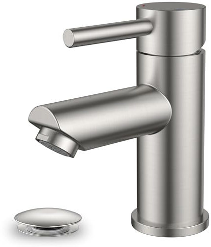FORIOUS® Basin Mixer Tap, Bathroom Sink Tap with 70mm Spout Height | Single Lever Stainless Steel, with Pop Up Waste and G1/2 Hoses, Water-Saving, Hot and Cold with Ceramic Cartridge