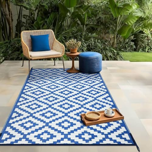 LOVETRENDS Bliss Regatta Blue White Outdoor Camping Rug 150x240cm 5x8ft Reversible Waterproof Picnic Mat Garden Patio Beach Festival Tent Ground Mat Lightweight Portable Plastic Straw Floor Rug