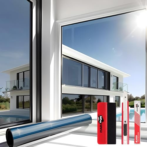 MARAPON Spiegelfolie Schwarz 1,05x2 m Set inkl. Rakel Cutter 10 Klingen Statisch haftende Sonnenschutzfolie Fenster spiegelfolie Fenster sichtschutz Sonnenschutz innen UV schutzfolie UV Hitzeschutz