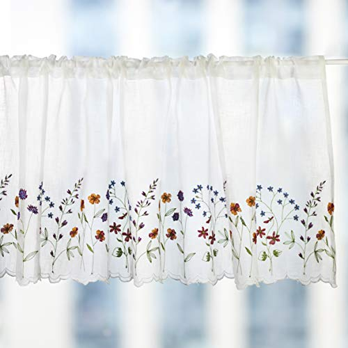yurlisa Wemay Vorhang mit Stickerei, ländlicher Stil, Café-Vorhang, Küchengardine, Blumenmuster, Fenstervolant, W60XL, 45,7 cm (Wild Flower)