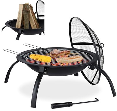Relaxdays Braciere XL, Graticola, Attizzatoio, Coperchio Parascintille, Giardino, Terrazza, Vassoio D 56,5 cm, Nero