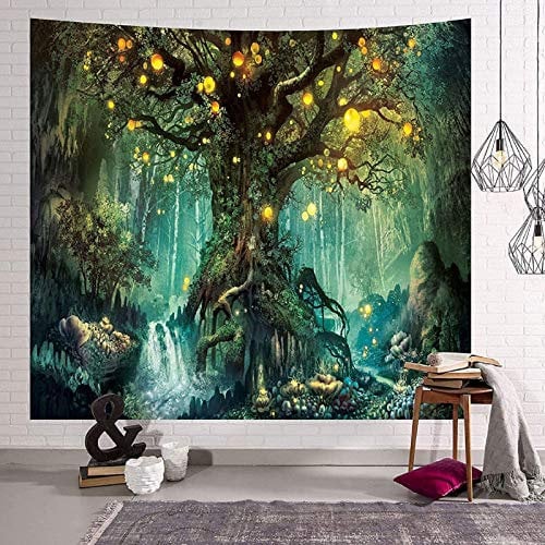 Zodight Baum des Lebens Wandteppich, Wandbehang Wandtuch Wasserfälle mit Elfen Unter Altem Verzaubertem Baum, Wandteppich Psychedelic Wald Wanddeko für Schlafzimmer Wohnzimmer Wohnheim
