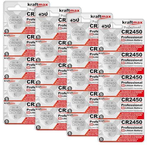 kraftmax Confezione da 20 batterie al litio CR2450 ad alte prestazioni, 3 V CR 2450, per applicazioni professionali, di ultima generazione
