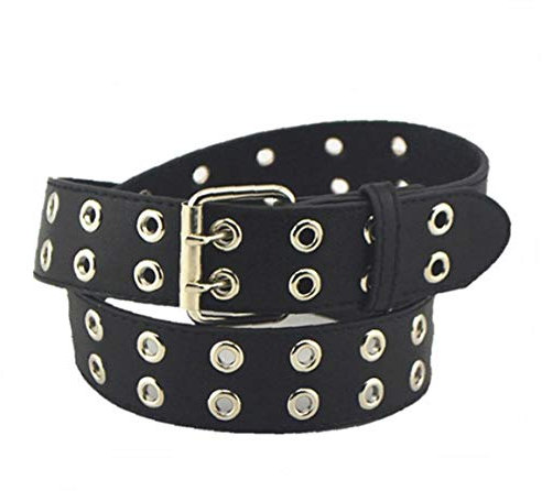 2 Grommet Belt, Pu Leather Double Prong Buckle Vintage Punk Jeans Waist Belts for Men Women (Black)