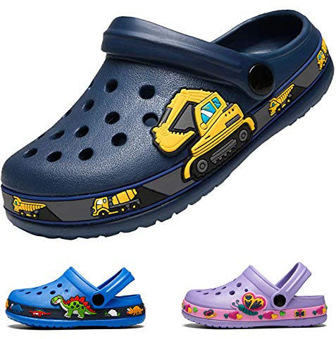 DRECAGE Unisex Kinder Clogs Pantoffeln Dinosaurier Gr.24-30 EU, Eva Gartenclogs Gummi Badeschuhe Hausschuhe für Jungen Mädchen 29 EU Dunkelblau