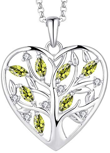 JO WISDOM Halskette Herz Baum Des Lebens,Kette Anhaenger Silber 925 Lebensbaum Familie Anhänger Halskette mit 3A Zirconia August Geburtsstein Peridot Farbe,Schmuck für Frauen