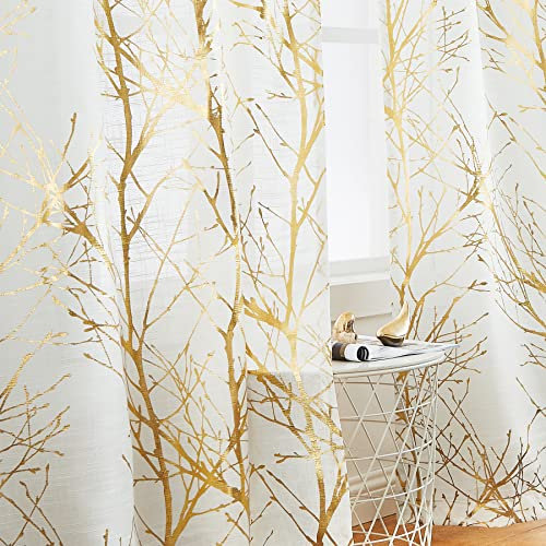 Fmfunctex White Gold Semi Sheer Curtains for Bedroom 54 Drop Voile Curtain for Living Room Branch Foil Eyelet Curtains Linen Textured Light Filtering Window Curtain Drapes for Dining Room 2 Panels