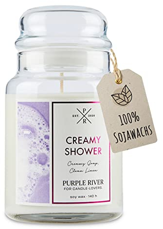 Purple River Große Duftkerze im Glas mit Deckel | Creamy Shower | Duftkerze Frisch | Kerzen lange Brenndauer | Sojawachskerze | Raumduft für Zuhause