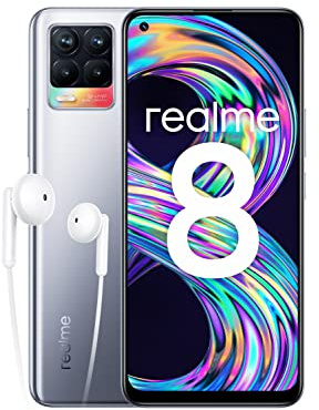 realme 8 Smartphone ohne Vertrag, 64MP AI-Quad-Kamera Android Handy, 6,4 Zoll Super AMOLED Display, 30W Dart Charge, Starker 5000mAh Akku, Dual SIM, NFC, 8+128GB, Cyber Silber