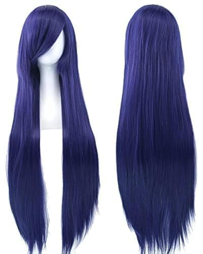 IMISSU 80 cm langes glattes Naturhaar Cosplay Perücken mit Pony Bunt Halloween Kostüm Party Perücke Haarverlängerungen (Dunkelblau)