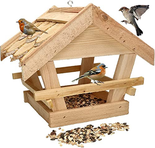 KOTARBAU® Holz-Vogelfutterhaus mit Schindel gedeckt zum Aufhängen + 0,5 kg Futter Gratis