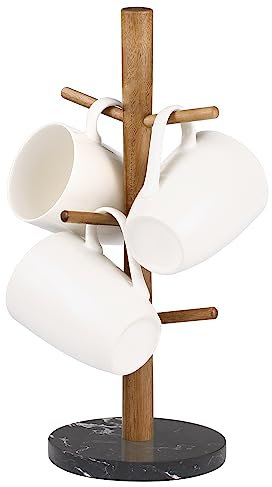 Buruis Mug Holder, Acacia Wood & Marble Base, 6 Hooks Kitchen Countertop Coffee Tea Cups Organizer