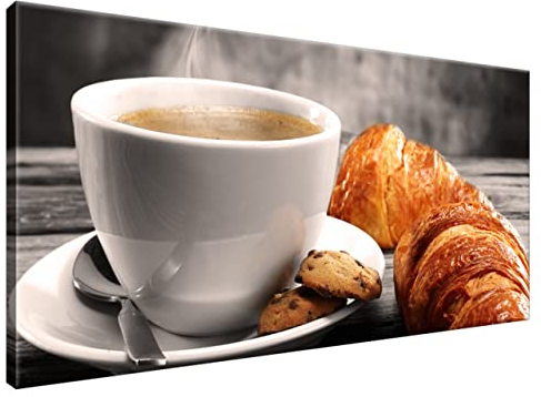 Estika® Leinwand bilder - Croissant mit heißem Kaffee - 115x55 cm, 1 teilige kunstdruck - Wandbilder wohnzimmer, schlafzimmer, Moderne wanddeko, Bild auf leinwand - Küche bilder - 1387A_1AE