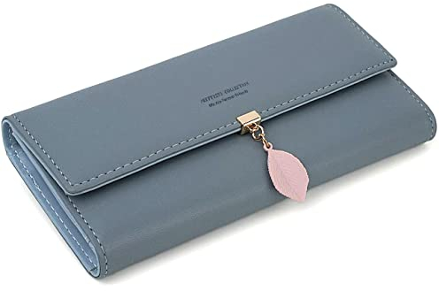 ANYWN Geldbörse Damen Gross, Lang Portemonnaie, Elegant Damen Geldbeutel mit Kartenfächer und Kleingeldfach GrauBlau