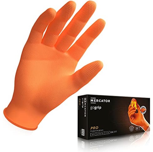 MERCATOR GoGrip Gants nitrile Orange Taille M - 500 pièces Gants de protection jetables non poudrés sans latex extra fort Texture diamant Gants nitrile