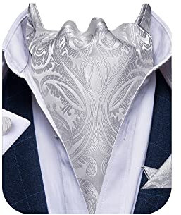 DiBanGu Ascot-Krawatten aus 100 % Seide, Paisleymuster für Herren, Hochzeit, Jacquard, gewebte Herren-Krawatte und Einstecktuch-Set, GRAU, Einheitsgröße