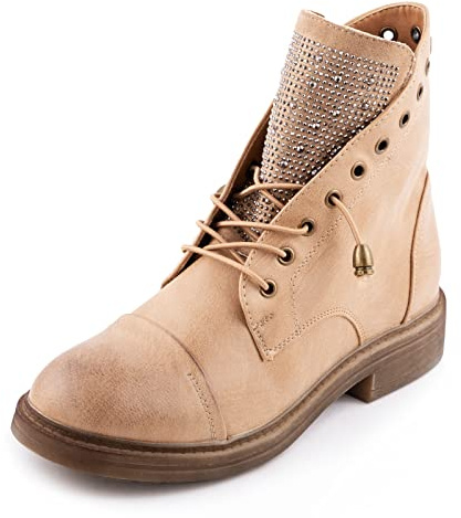 Toocool Bottines Biker Femme Détails Strass Bottes Motardes Simili-Cuir Lacets G621