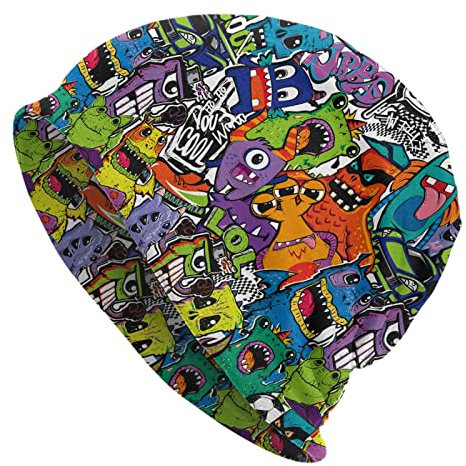 YASHILAIYA Unisex Beanie-Mütze Slouchy Beanies Cap Stretch Schal Kopf Wrap Winter Knit Weiche Hüte für Männer Frauen, Comics Monsters Doodle, Einheitsgr��e