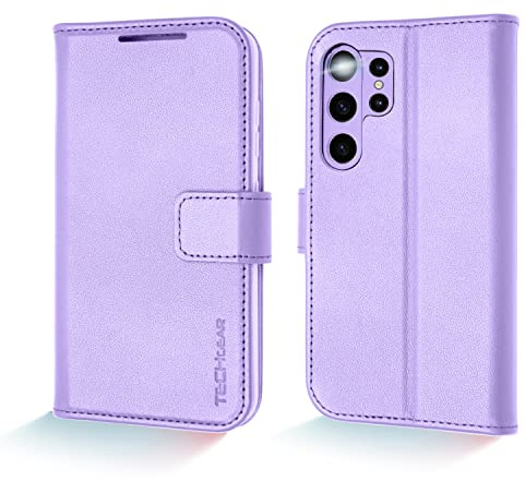 TECHGEAR Galaxy S23 Ultra Leather Wallet Case, Genuine Leather Magnetic Flip [RFID Blocking] Case with Shockproof TPU, Card Slots, Stand Folio Cover Compatible with Samsung S23 Ultra 5G, Purple