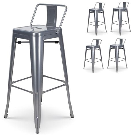 Kosmi - 4er Set Barhocker aus Metall in Silber mit Rückenlehne - Sitzhöhe 76cm