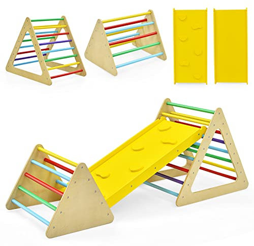 COSTWAY 3 in 1 Set da Arrampicata per Bambini, con 2 Scale Triangolari e 1 Rampa, Struttura in Legno, Scala Giochi Arrampicata per Bambini 3 Anni + (Colorato)