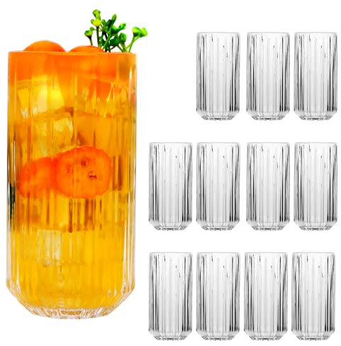 QAPPDA Highball-Gläser-Set, 12 Stück, gerippte Vintage-Trinkgläser, Origami-Stil, Glasbecher für den täglichen Gebrauch, für Cocktail, Whiskey, Saft, Wasser