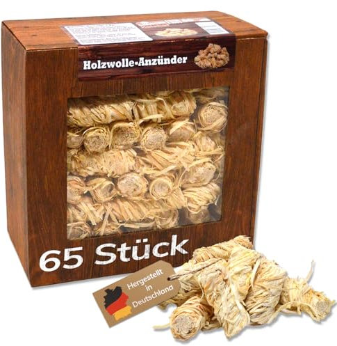 Landree Holzwolle Anzünder 65 STK, Kaminanzünder aus Naturholz & Wachs, paraffinfreie Anzündwolle für Kamin, Ofen, Feuerschale, Grillanzünder, 8+ Min Brenndauer, geruchsneutral, 900g