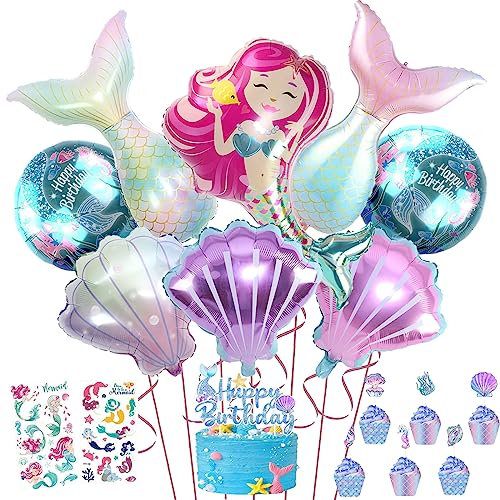 Meerjungfrau Geburtstag Deko set, Kindergeburtstag Luftballon Mädchen, Meerjungfrauen Thema Party Set mit Folienballon, Happy Birthday Girlande, Cake Topper und Tattoos