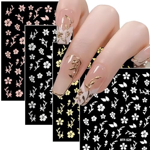 4 Feuilles Fleurs Stickers Ongles Nail Art Autocollants Ongles Décoration Ongle Motif Fleur Accessoires Manucure Fête Bricolage Ongle