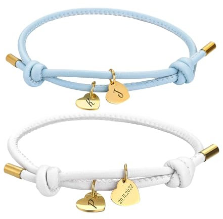 Lederarmband mit Herz Anhänger 2er Set - Freundschaftsarmband - Mama und Tochter Geschenk - Partnerarmbänder - Verstellbar (11 bis 21 cm) & in verschiedenen Farben