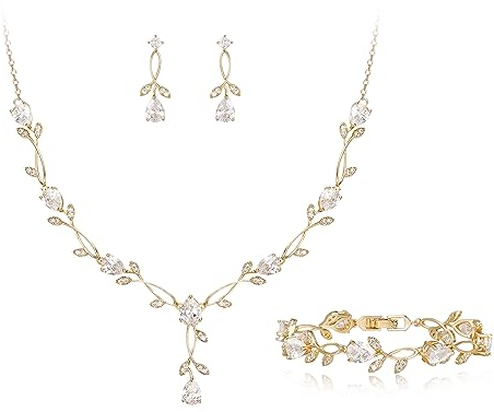 EVER FAITH Hochzeit Schmuck Set für Braut Brautjungfer, weiß vergoldet Teardrop Cubic Zirkonia Blatt Rebe Prom Halskette baumeln Ohrringe Armband für Damen