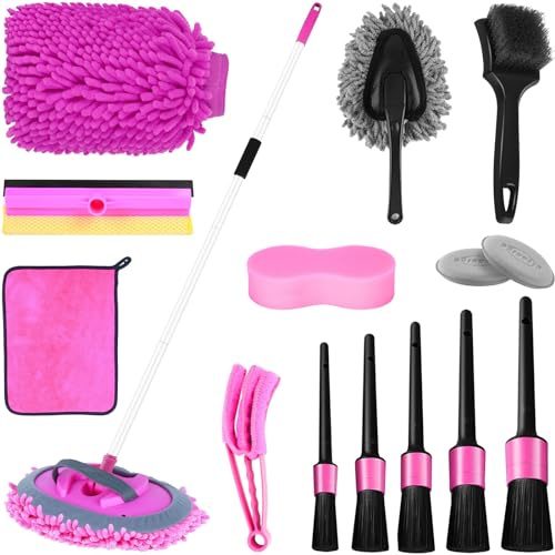 Pink 62 Car Wash Brush with Long Handle,Chenille Microfiber Car Wash Mop Sponge Mitt,Windshield Window Squeegee,Wheel Brush,Car Detailing Brushes,Car Duster,Towel,Car Cleaning Kit for Cars RV Truck