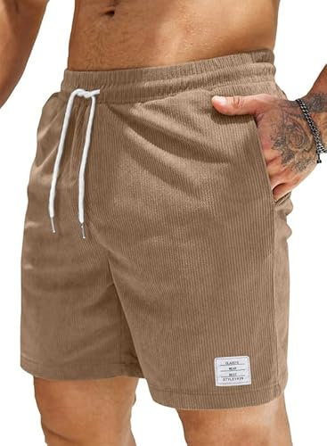 JMIERR Kurze Hosen Herren Corduroy Shorts Herren Sommer Elastische Taille mit Taschen Beige L