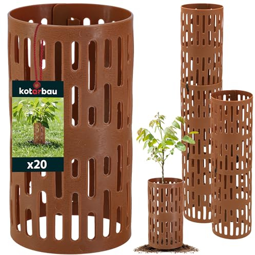 KOTARBAU® 20er Set Baumstamm Schutz - ⌀ 10,5 - Verbissschutz für Bäume - 20 cm hoch - Baumschutz Wildverbiss - für Obstbäume - Erweiterbar & Stapelbar - Kunststoff - Braun