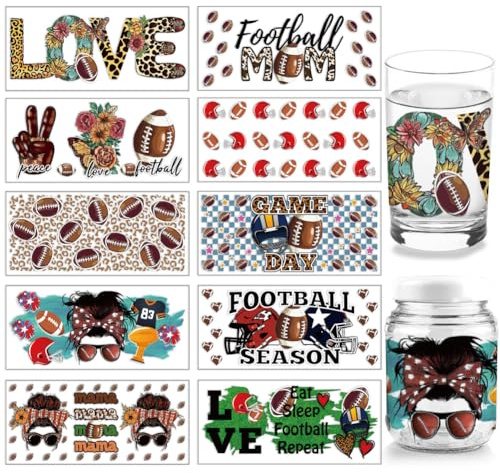 arricraft 10 Blatt UV DTF Cup Wrap, 10 Stil Sportthema Rugby Football Mama Abziehbilder PVC-Transferaufkleber Wasserfeste Abziehbilder Zum Selbermachen 16OZ Glasbecher Möbel Holz