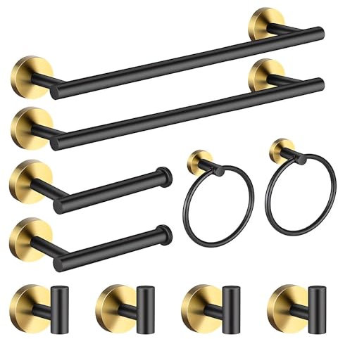 10 Piezas Toalleros de Baño Juego de Accesorios-XXINLOOY, 2*Toallero Barra +2*Portarrollos para Papel Higiénico +2*Toallero de Anilla+4*Gancho para Pared,Acero Inoxidable (Negro Y Dorado-1)