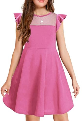 Arshiner Abito per Ragazze Vestito da Festa Elegante Manica Corta Abiti Estivi Bambini Tinta Unita Una Linea Abito Casual con Volant Abito da Principessa Rosa Caldo 130