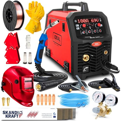 Ideal Tecno MIG 234 PULSE 4x4 - Saldatrice a Filo Continuo con Gas da 200A - Pulsato e Doppio Pulsato - Con 4 Rulli - MIG/MAG, MMA, TIG, Flux, Saldatura a punti - Memoria di Impostazione - Set Premium