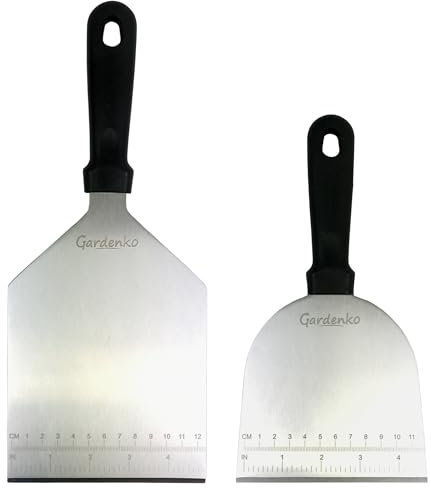 Gardenko Pfannenwender Edelstahl 2 Stück - Grillspachtel Edelstahl Set mit Lasergravierter Messskala für Burger Grill auf der Plancha Grillplatte - Grill Zubehör