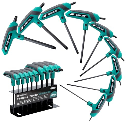 LIBRATON Juego de Llave Torx con Mango en T, Juego Llaves Torx, Diseño de Dos Puntas, T10-T50 Llave Torx con Mango T para Reparación de Bicicletas y Automáticas, 9 Piezas con Estante de Almacenamiento