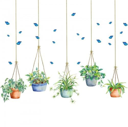 Litinliv Pegatinas de Pared de Plantas Verdes 30x90cm, Macetas Pegatinas de pared, Pegatinas Pared Decoración, Plantas Colgantes Flores, Decoración de Pared para Dormitorio, Sala de Estar, Cocina