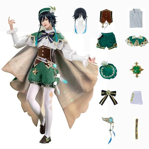 ZHAOSJ Genshin Impact Cosplay Venti Kostüm Spielcharakter Outfit mit Perücke Halloween Dress Up Uniform Anzug für Frauen