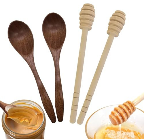 Honey Spoons Honey Stick Set, 4pcs Handle Wooden Mixing Spoon, Natural Small Wooden Spoons for Stirring Honey Tea Coffee Jam and Wedding Party Favors Gift