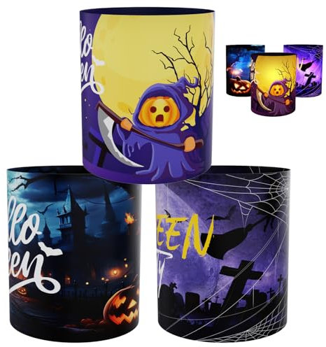 12Pcs Halloween Tischdeko, Halloween Windlichter mit 3 Verschiedene Muster, Halloween Deko Tisch mit Kürbis, Fledermaus und Hexe, Ideal Kerze Deko für Teelichter oder Kerzen
