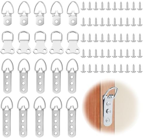 KATIMI 20 Piezas Colgadores de Cuadros para Cuadros Pesados, Anillas en D con 50 Tornillos, Ganchos para Cuadros para Atornillar, Superpesados para Marcos de Obras de Arte (4 Tamaños)