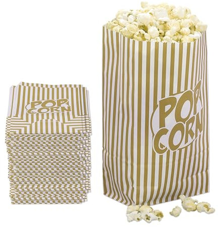 Relaxdays Popcorntüten, 144er Set, gestreift, Retro-Optik, Kino, Filmabend Zubehör, Papier, Popcornbehälter, gold/weiß