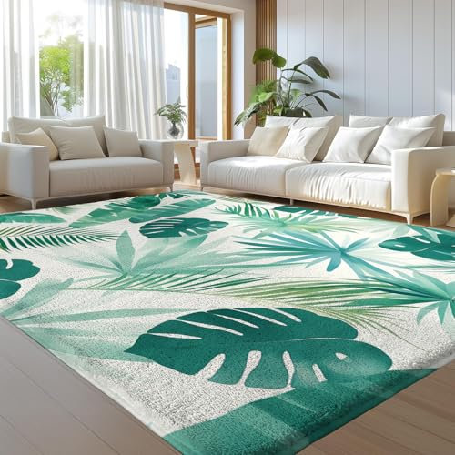 GDJSMIN Washable Rugs, Living Room Short Pile Area Rugs for Living Room Outdoor Rug Modern Vintage Green tropical leaves palm leaf texture Rug Non Slip Boho Rug for Bedroom Machine Washable Rug